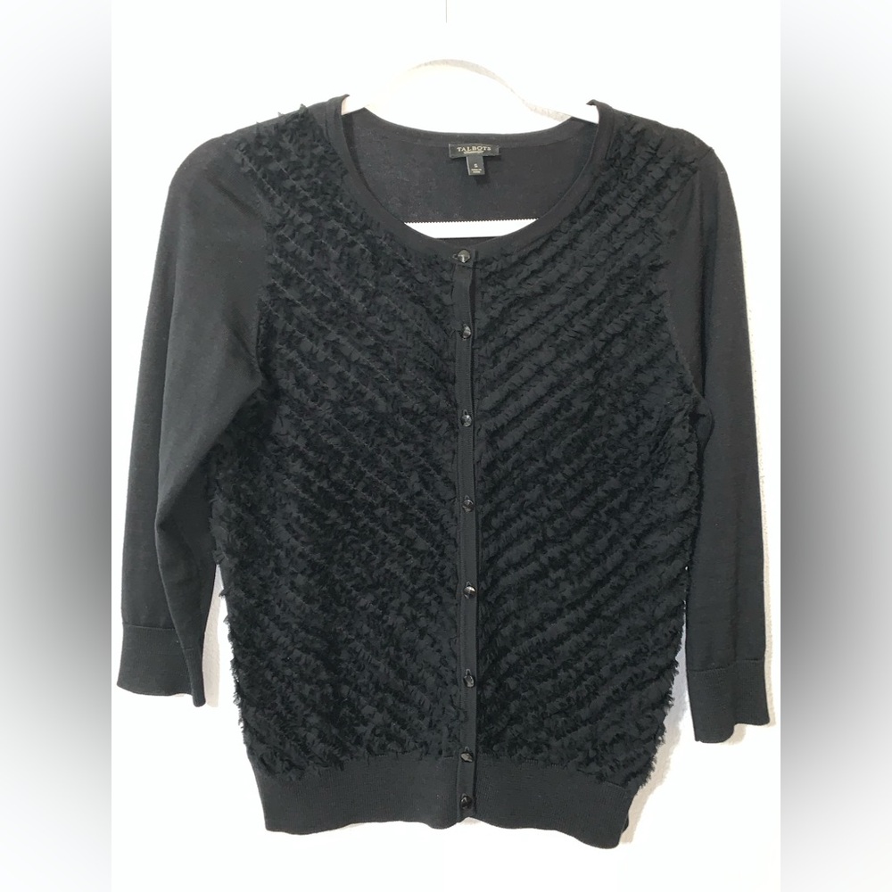 Talbots Black Button Front Ruffle 3/4 Sleeve Lightweight Cardigan Size Small